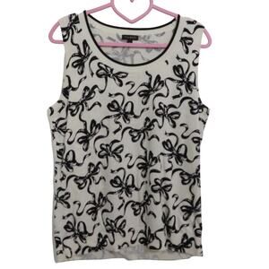 Talbots Women Sz M Charming Shell Cream Sleeveless Sweater Top Black Bow Print